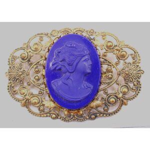 Victorian Cameo Filigree Brooch Pin Ornate Brass French German Vintage Jewelry